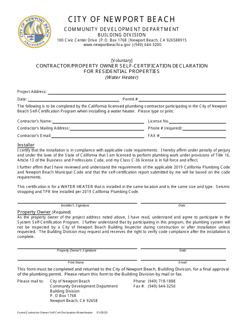 Contractor/Property Owner Self-certification Declaration for Residential Properties (Water Heater) - City of Newport Beach, California