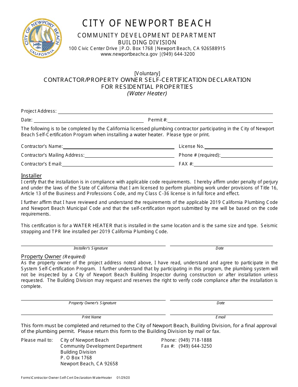 Contractor / Property Owner Self-certification Declaration for Residential Properties (Water Heater) - City of Newport Beach, California, Page 1