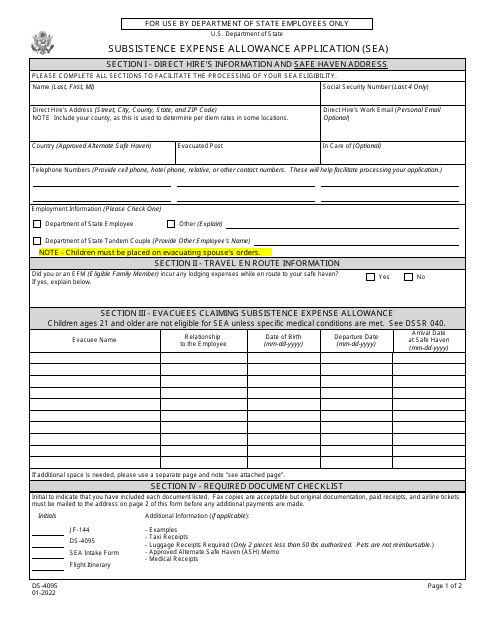 Form DS-4095 Subsistence Expense Allowance Application (Sea)