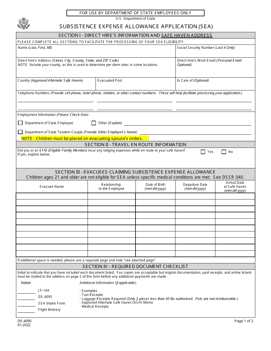 Form DS-4095 Subsistence Expense Allowance Application (Sea), Page 1