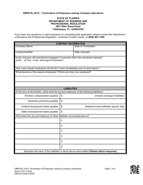 Form DBPR EL-4514 Termination of Employee Leasing Company Operations - Florida