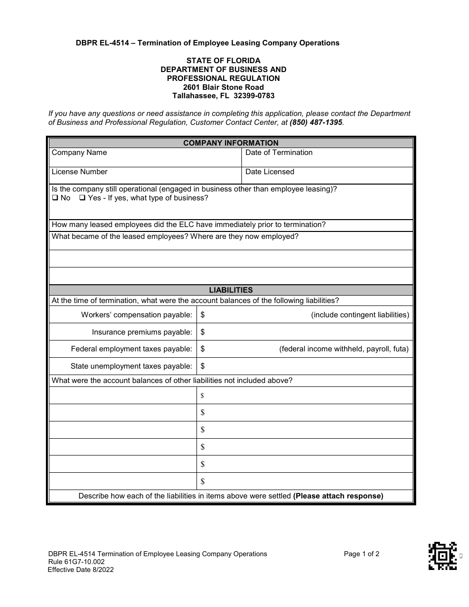 Form DBPR EL-4514 Termination of Employee Leasing Company Operations - Florida, Page 1