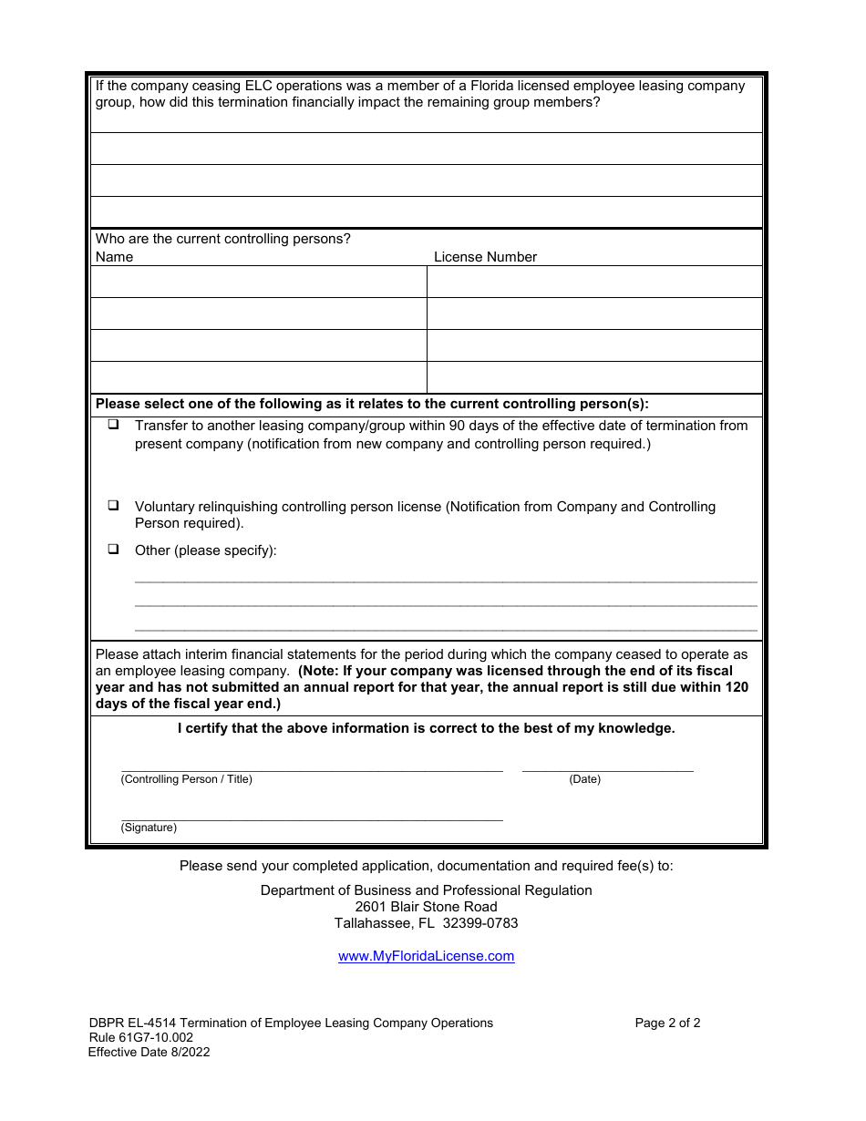 Form DBPR EL-4514 Termination of Employee Leasing Company Operations - Florida, Page 2