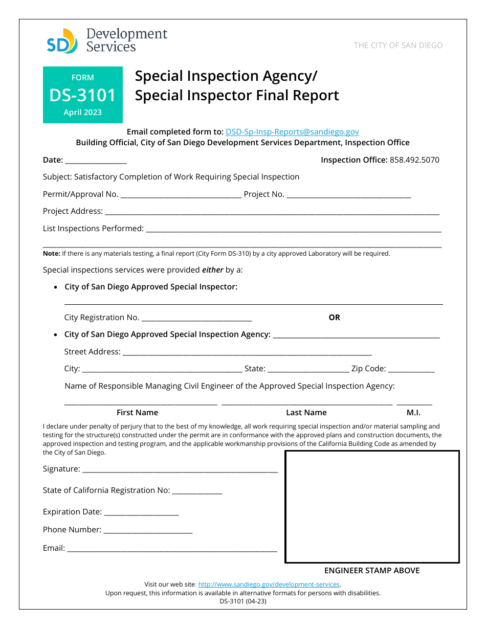 Form DS-3101 Special Inspection Agency / Special Inspector Final Report - City of San Diego, California, Page 1