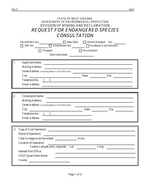 Form MR-27 Request for Endangered Species Consultation - West Virginia