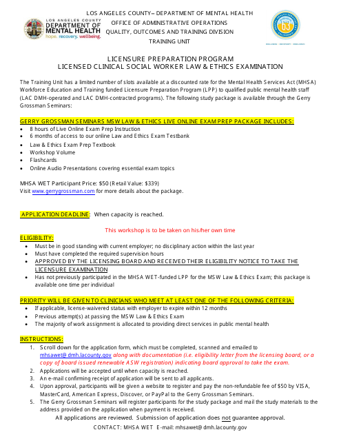 Licensed Clinical Social Worker Law & Ethics Examination - Licensure Preparation Program - County of Los Angeles, California Download Pdf