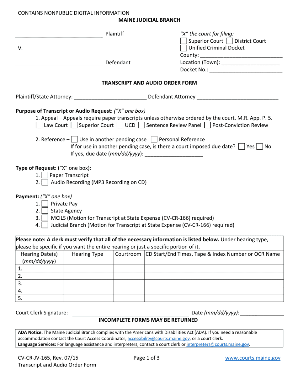 Form CV-CR-JV-165 Transcript and Audio Order Form - Maine, Page 1