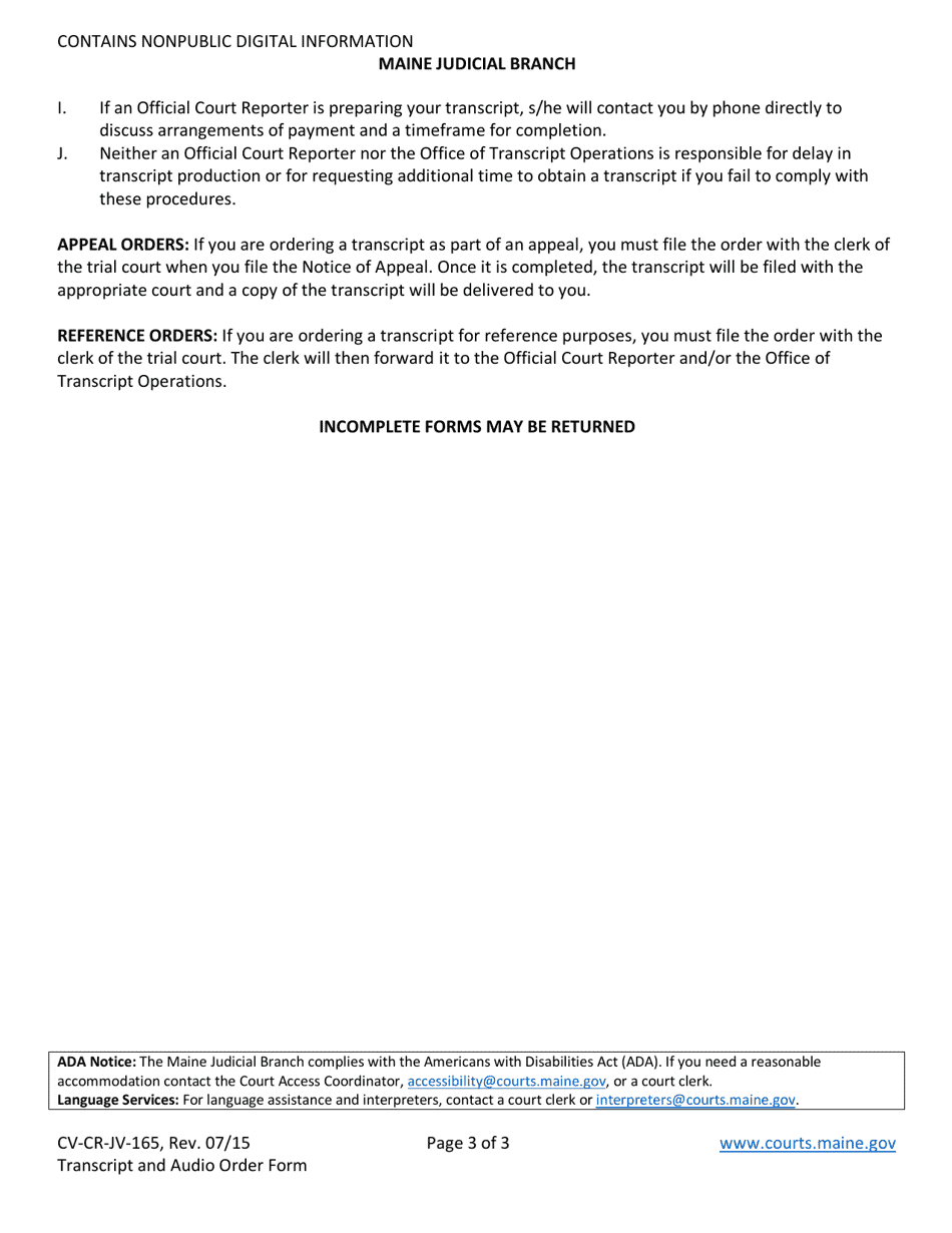 Form CV-CR-JV-165 Transcript and Audio Order Form - Maine, Page 3