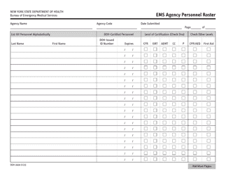 Document preview: Form DOH-2828 EMS Agency Personnel Roster - New York