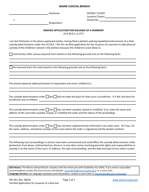 Form FM-181 Verified Application for Issuance of a Warrant - Maine