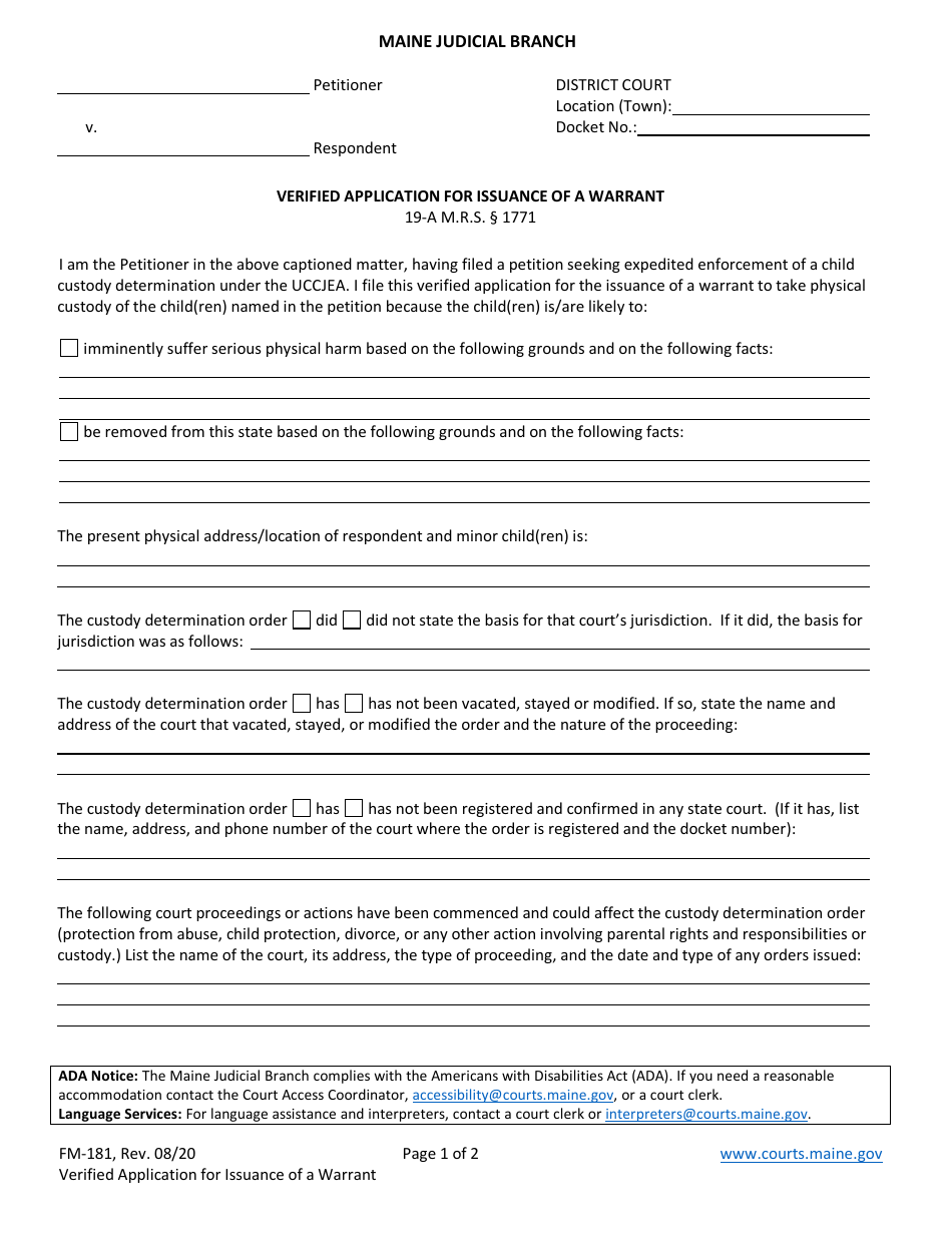 Form FM-181 Verified Application for Issuance of a Warrant - Maine, Page 1