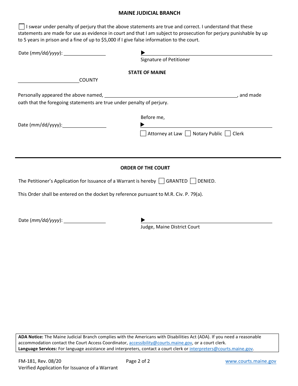 Form FM-181 Verified Application for Issuance of a Warrant - Maine, Page 2