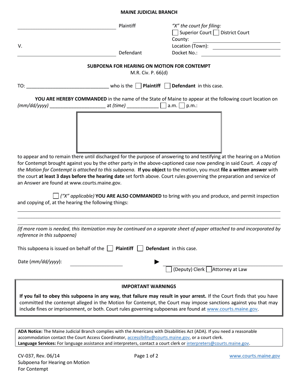 Form CV-037 Subpoena for Hearing on Motion for Contempt - Maine, Page 1