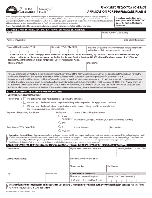 Form HLTH3497 Application for Pharmacare Plan G - Psychiatric Medication Coverage - British Columbia, Canada