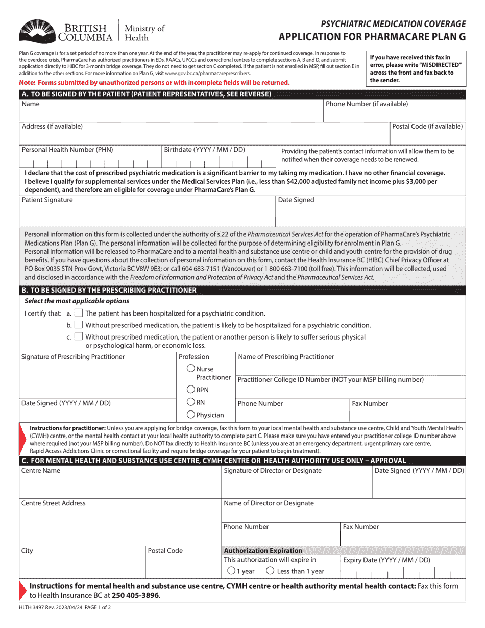 Form HLTH3497 Application for Pharmacare Plan G - Psychiatric Medication Coverage - British Columbia, Canada, Page 1