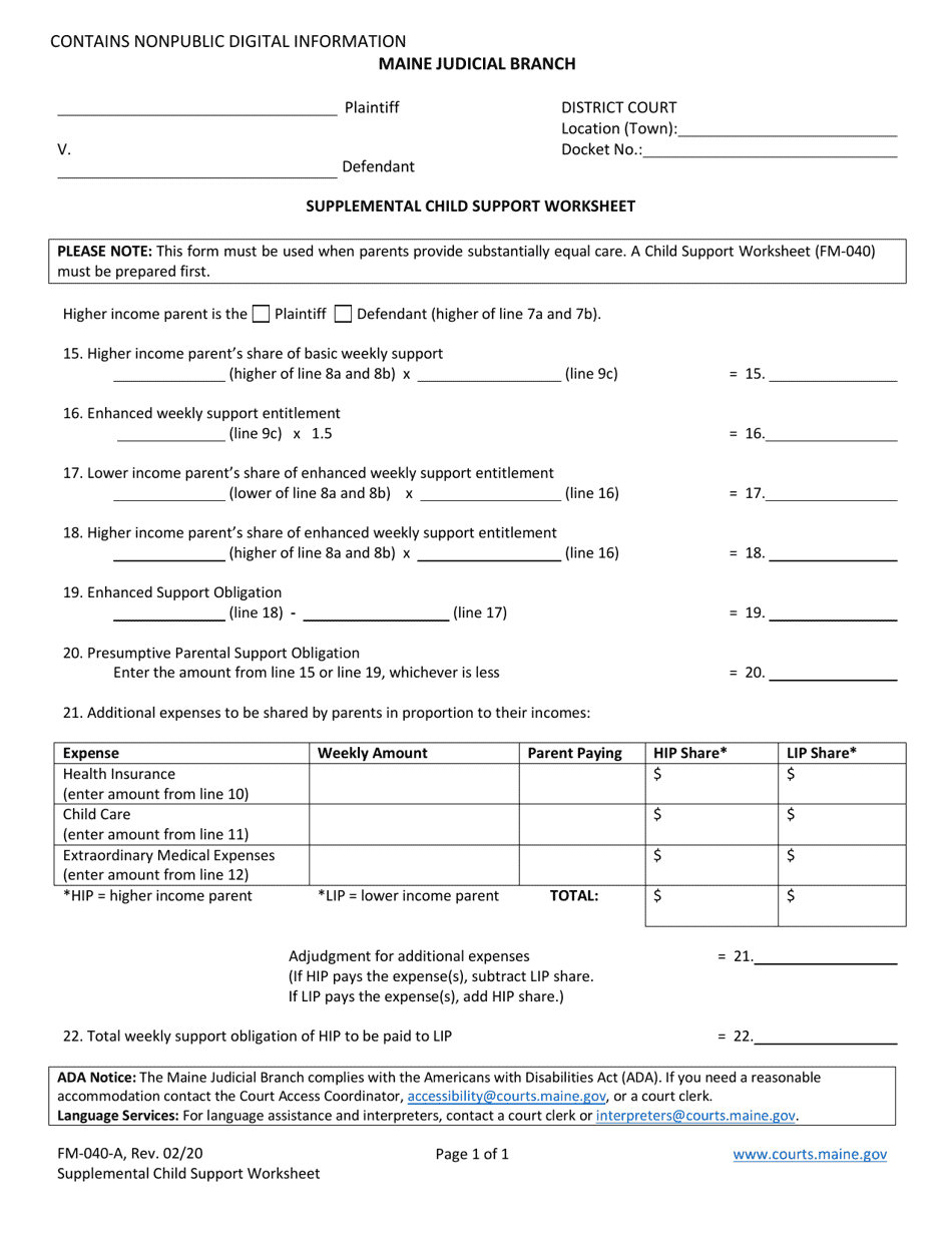 Form FM-040-A Supplemental Child Support Worksheet - Maine, Page 1