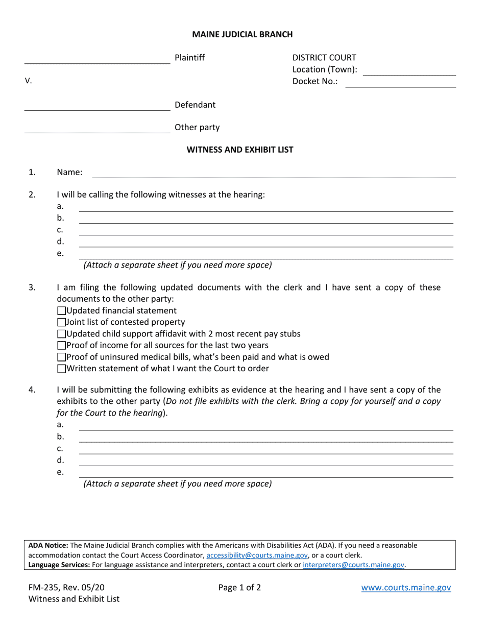 Form FM-235 Witness and Exhibit List - Maine, Page 1