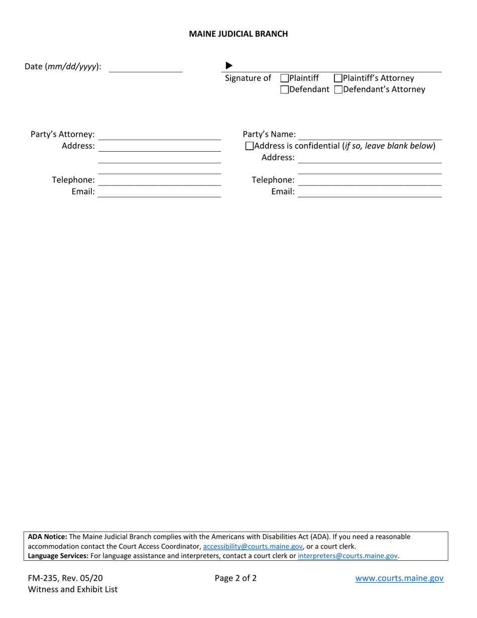 Form FM-235 Witness and Exhibit List - Maine, Page 2