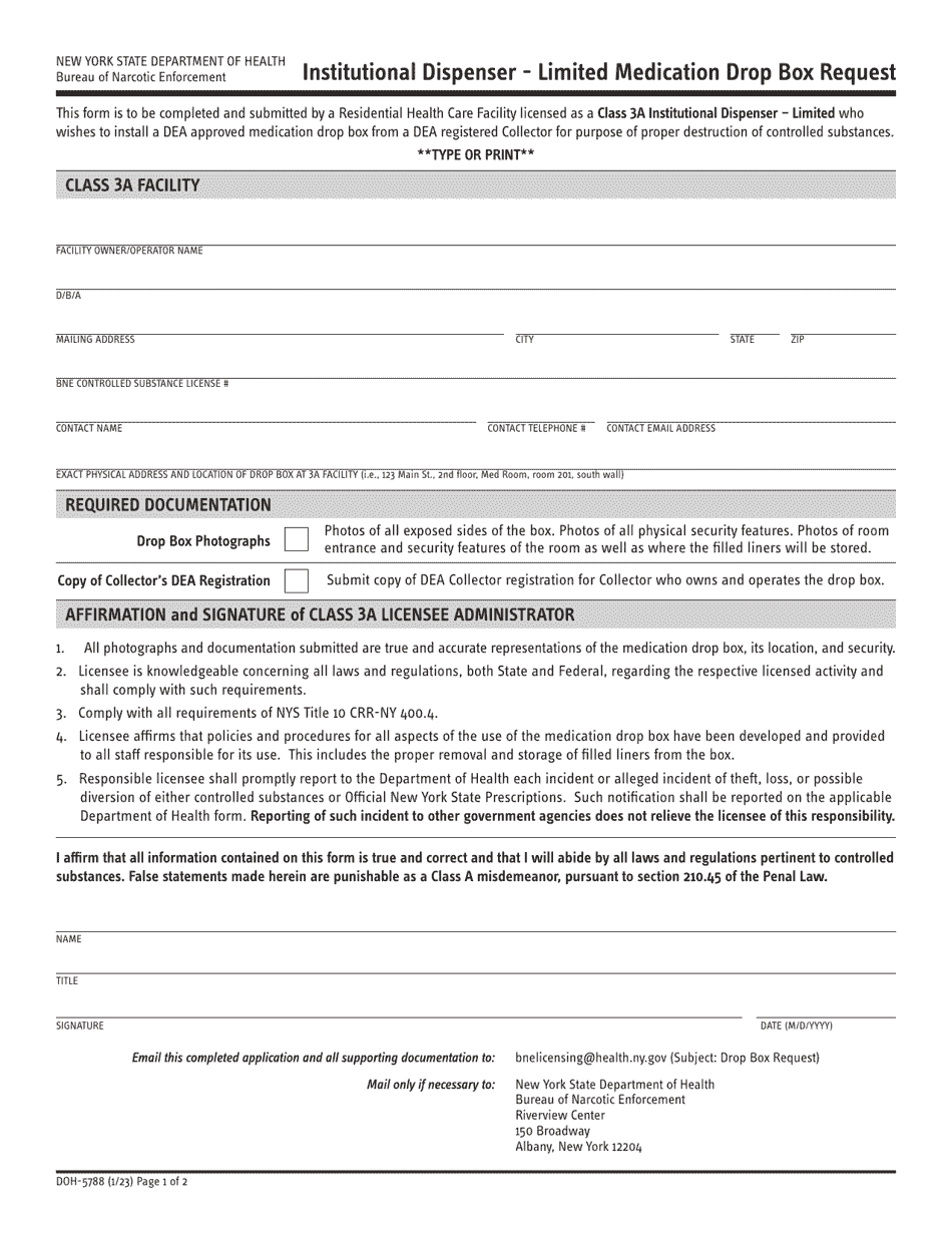 Form DOH-5788 Institutional Dispenser - Limited Medication Drop Box Request - New York, Page 1