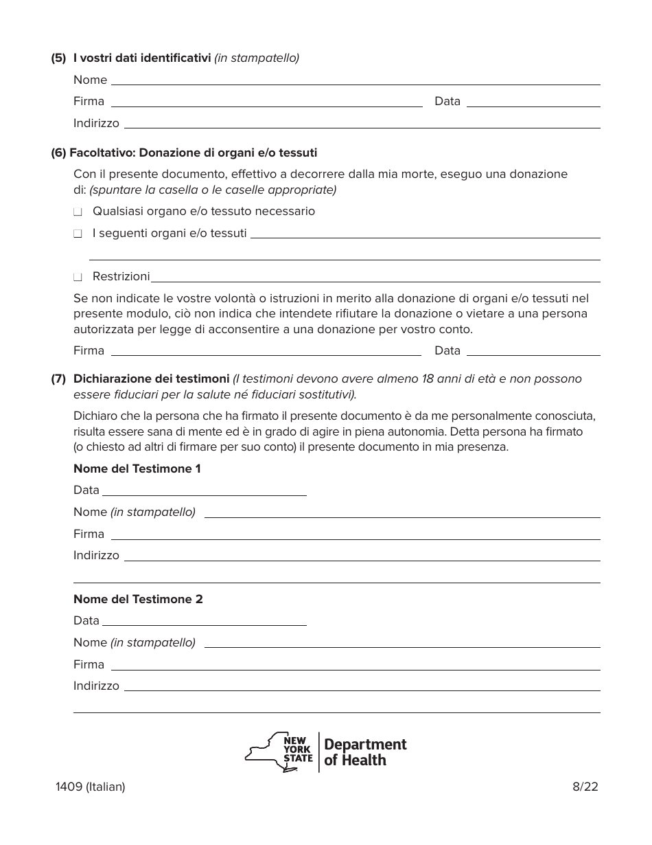 Form 1409 Health Care Proxy Designation Form - New York (Italian), Page 8