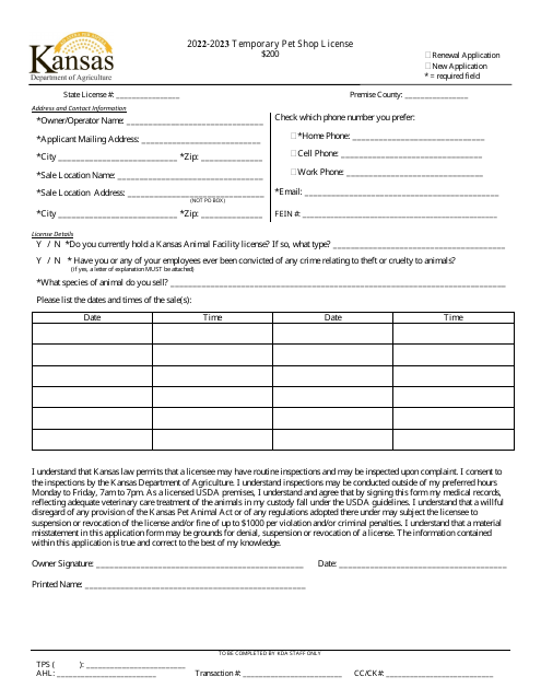 Temporary Pet Shop License - Kansas Download Pdf