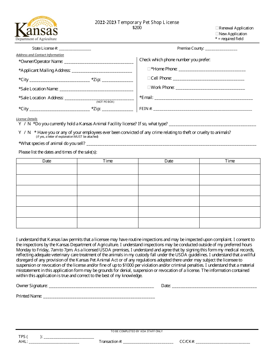 2023 Kansas Temporary Pet Shop License Fill Out, Sign Online and