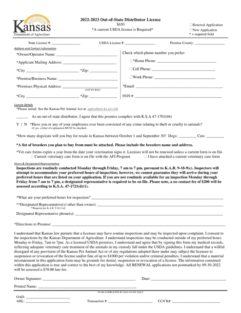 Out of State Animal Distributor Permit Application - Kansas, 2023