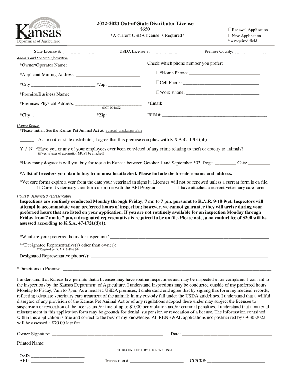 Out of State Animal Distributor Permit Application - Kansas, Page 1