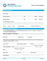 Document preview: Form 04AF001E Resource Family Application - Oklahoma