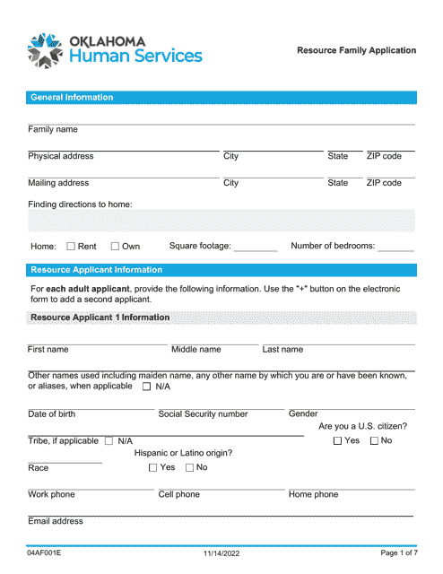 Form 04AF001E Resource Family Application - Oklahoma