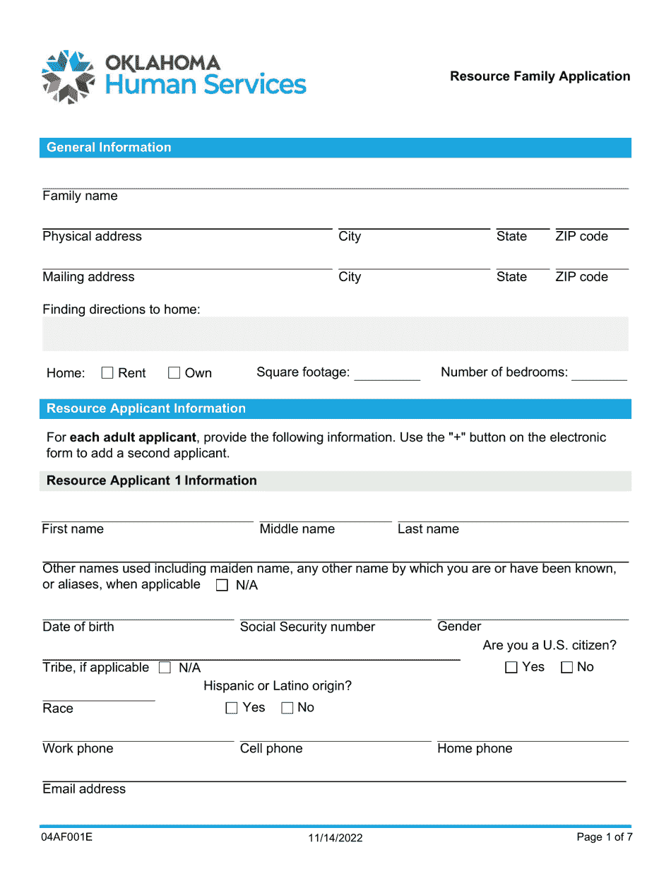 Form 04AF001E Download Fillable PDF or Fill Online Resource Family ...