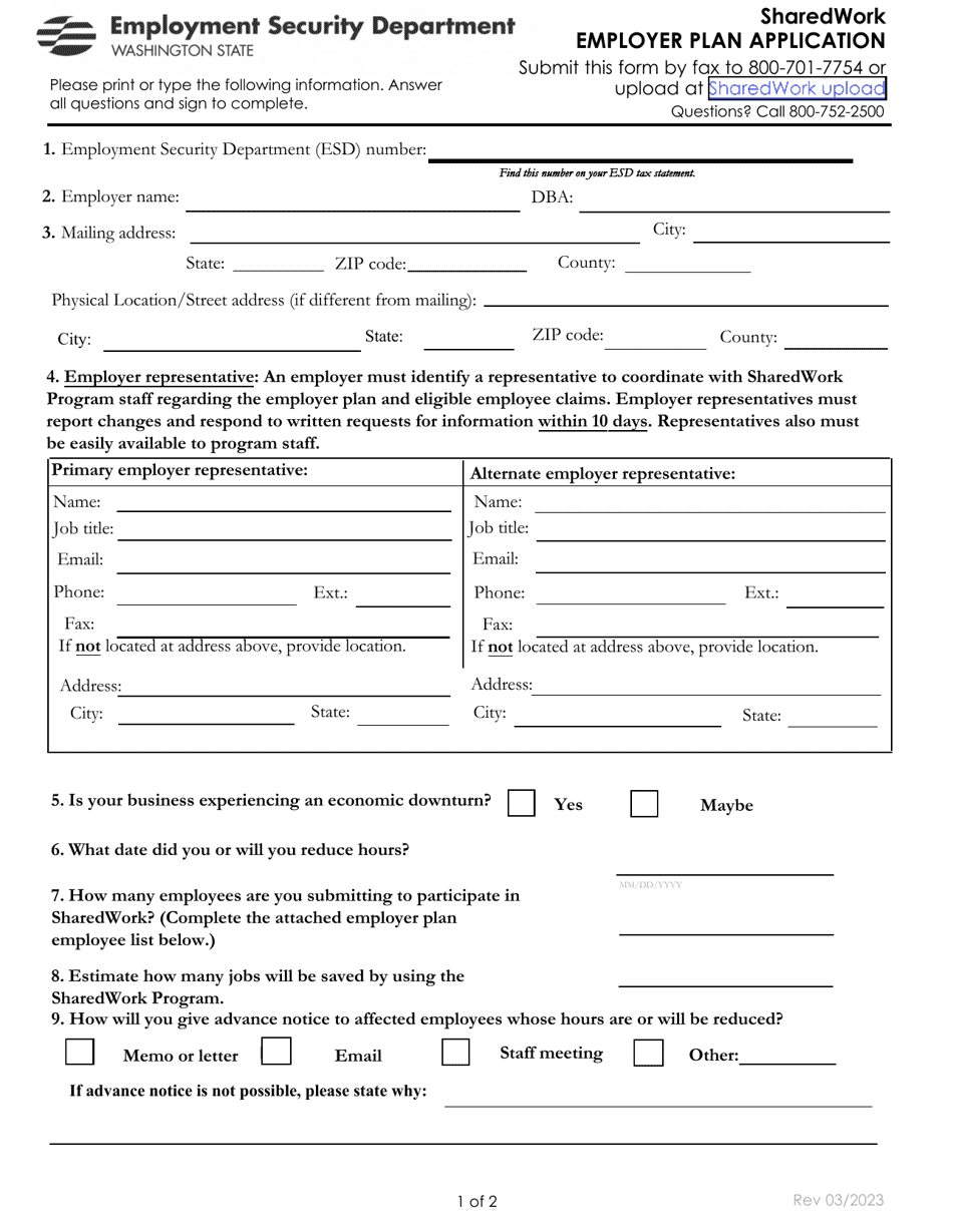 Form EMS10422 Sharedwork Employer Plan Application - Washington, Page 1