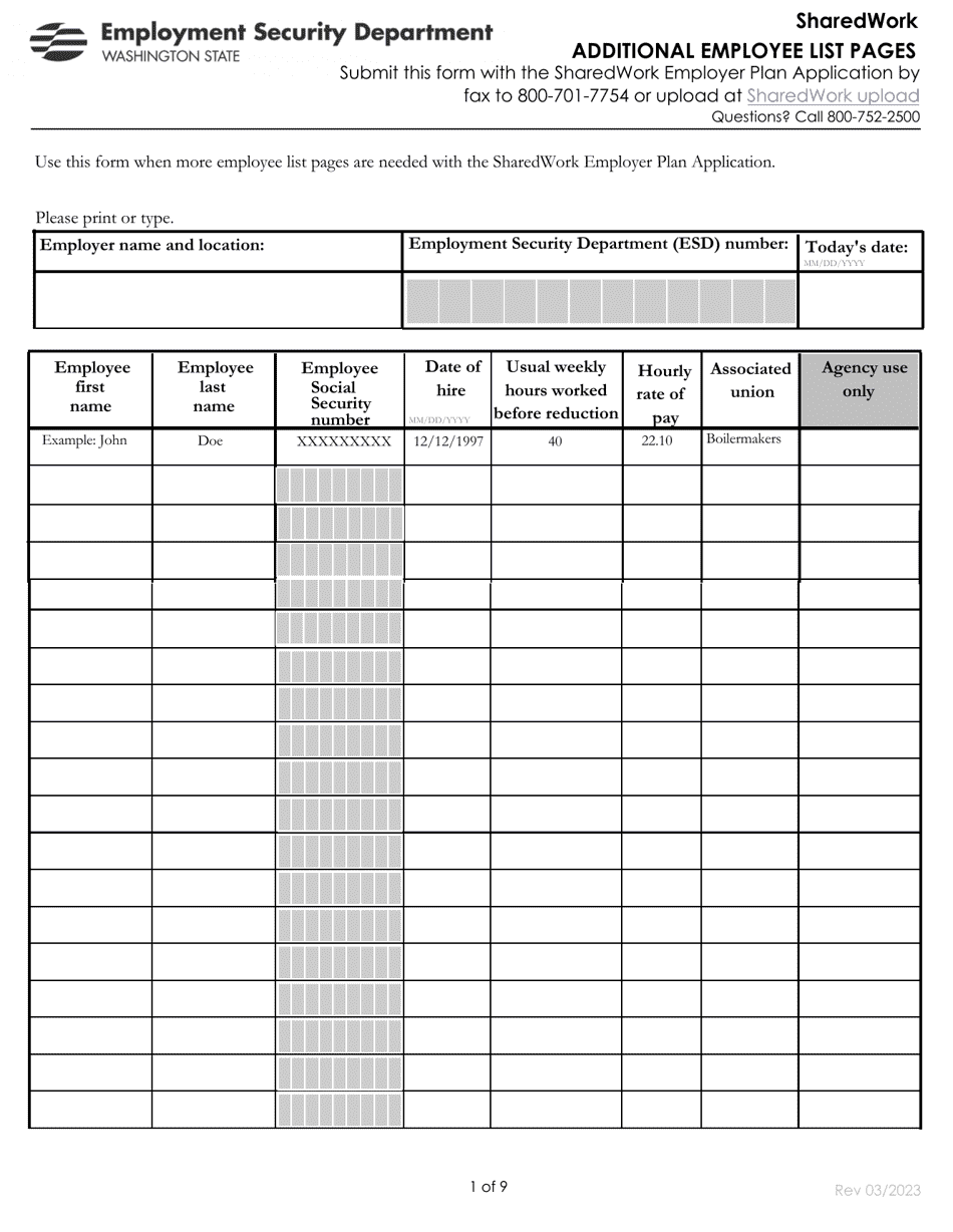 Form EMS10422 Sharedwork Additional Employee List Pages - Washington, Page 1