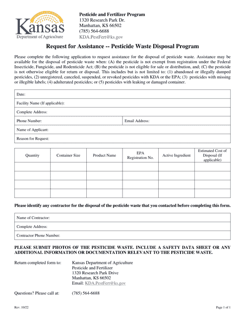 Request for Assistance - Pesticide Waste Disposal Program - Kansas