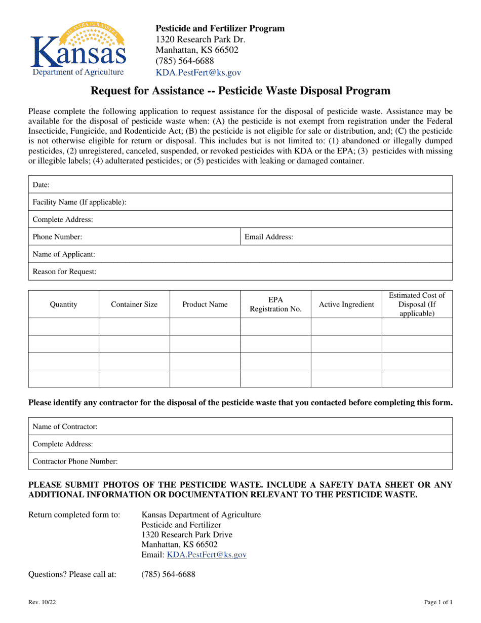 Kansas Request for Assistance Pesticide Waste Disposal Program Fill