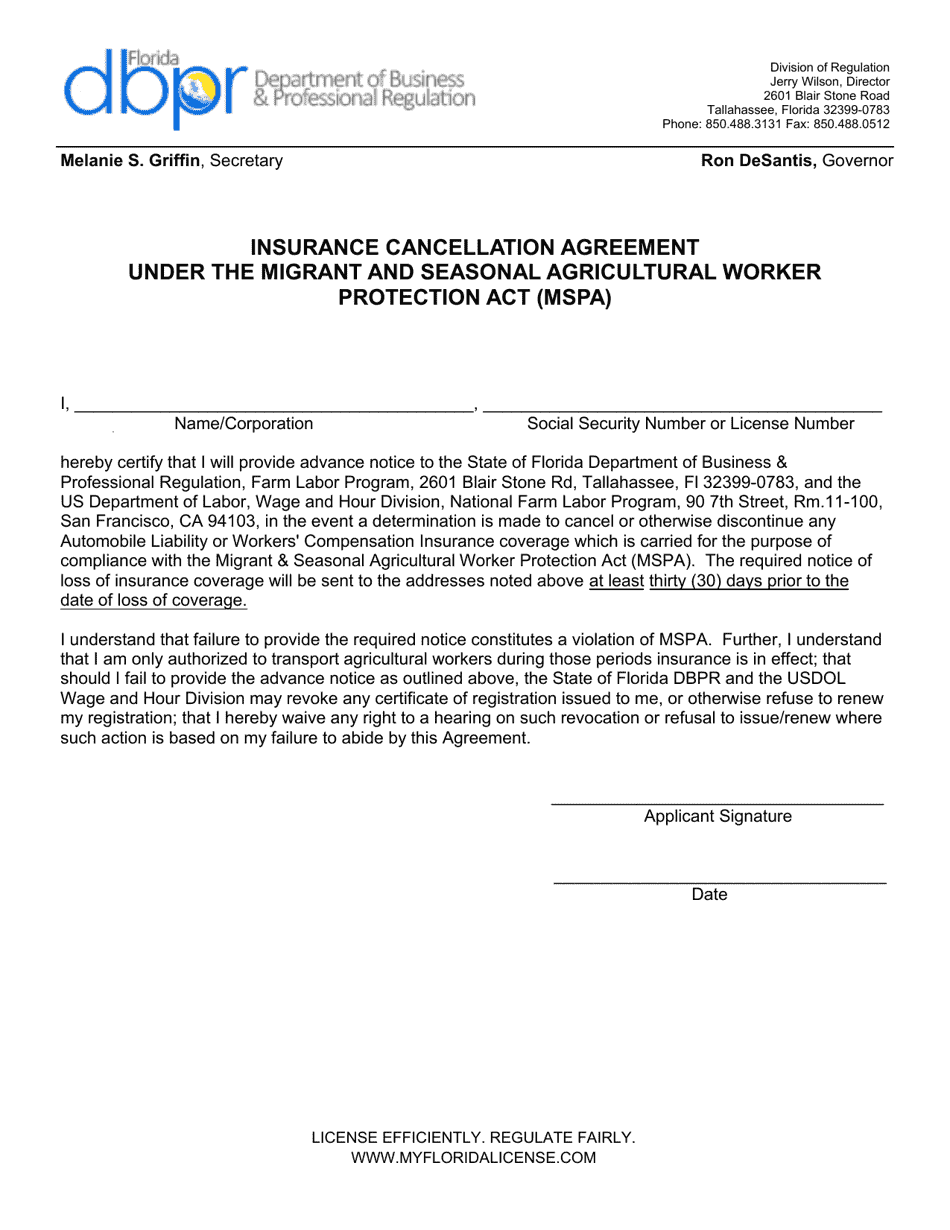 Insurance Cancellation Agreement Under the Migrant and Seasonal Agricultural Worker Protection Act (Mspa) - Florida, Page 1