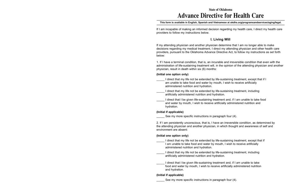Advance Directive for Health Care - Oklahoma, Page 1