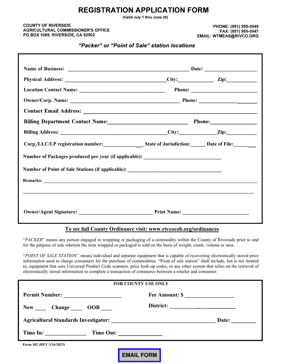 Form 102 Registration Application Form - County of Riverside, California, Page 1