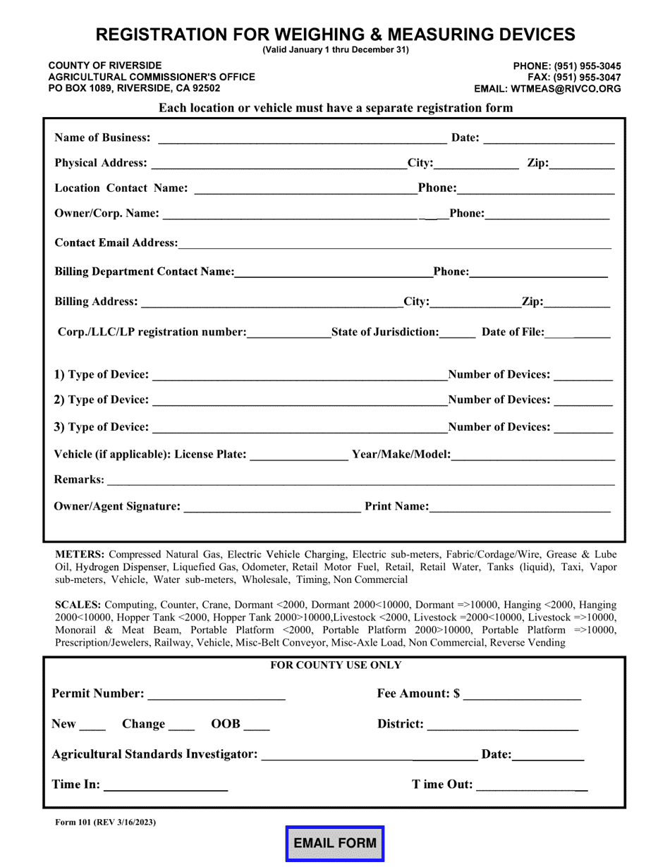 Form 101 Registration for Weighing  Measuring Devices - County of Riverside, California, Page 1