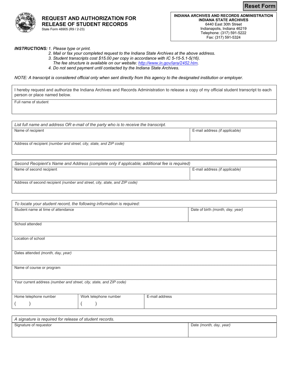State Form 48905 Request and Authorization for Release of Student Records - Indiana, Page 1