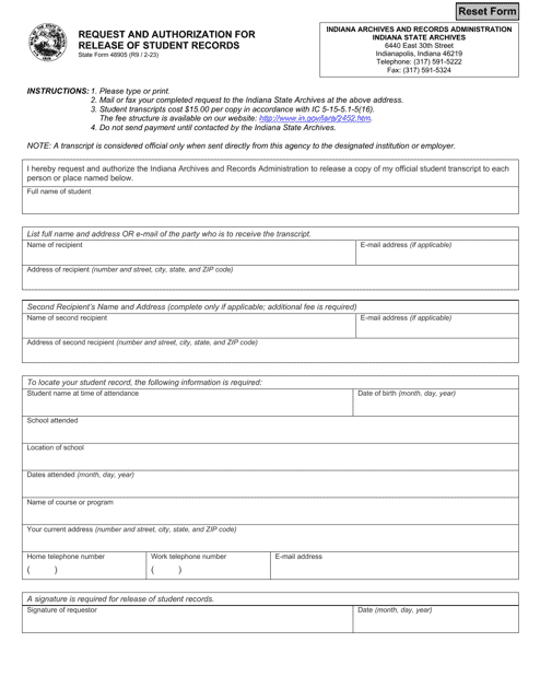 State Form 48905 Request and Authorization for Release of Student Records - Indiana
