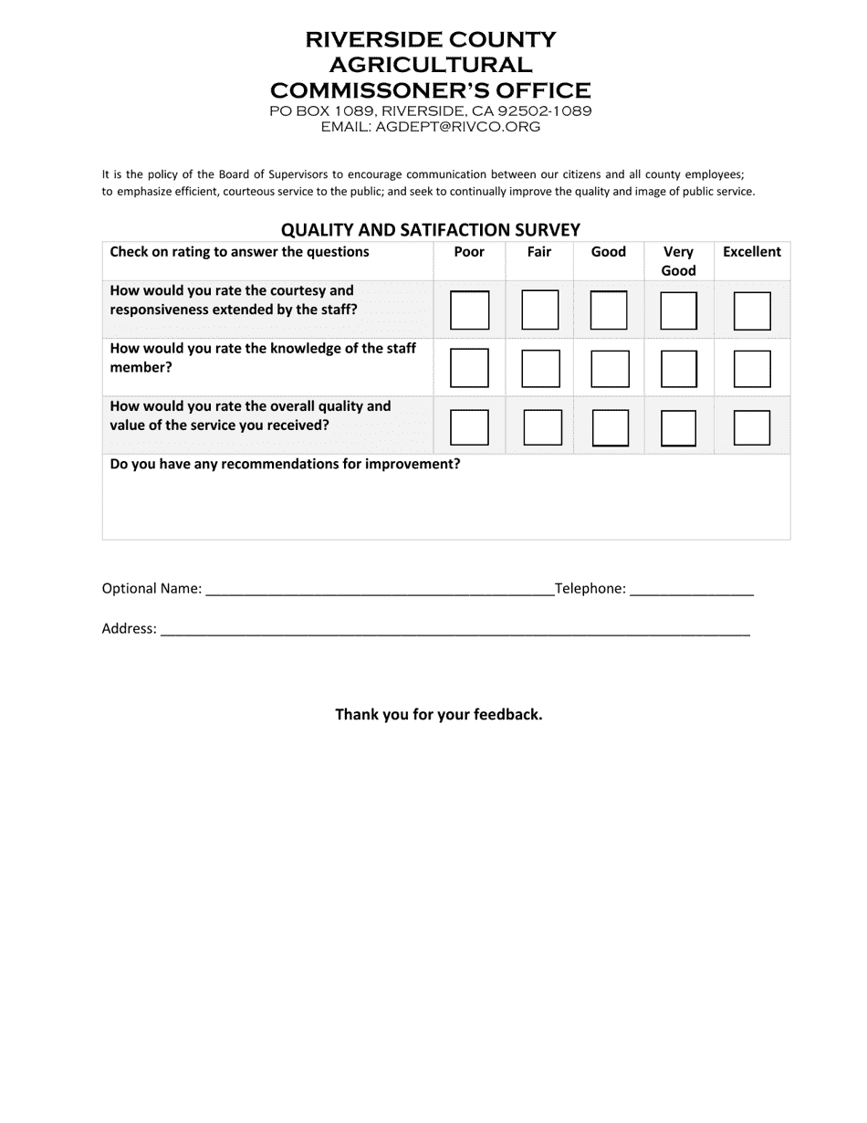 Quality and Satisfaction Survey - County of Riverside, California, Page 1