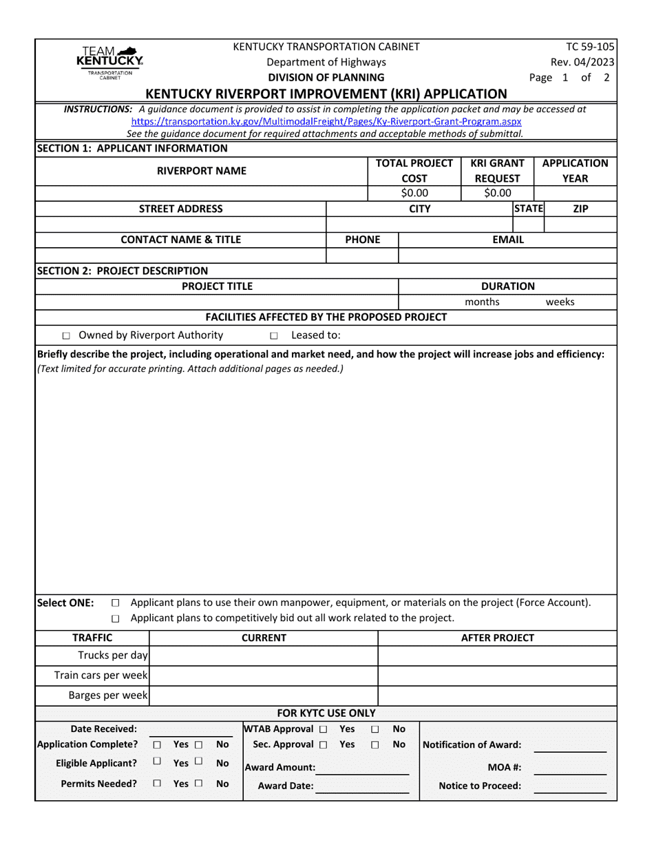 Form TC59-105 Kentucky Riverport Improvement (Kri) Application - Kentucky, Page 1