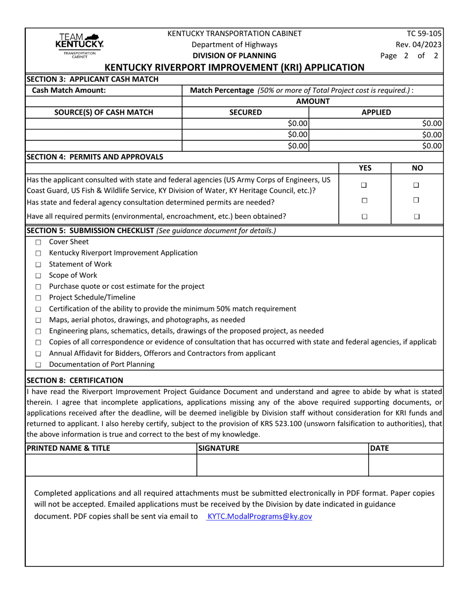 Form TC59-105 Kentucky Riverport Improvement (Kri) Application - Kentucky, Page 2