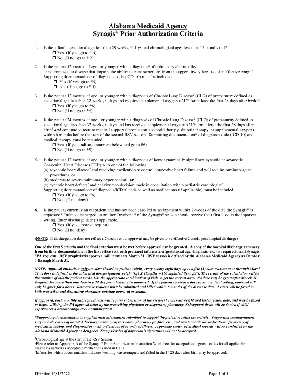 Synagis Prior Authorization Criteria - Alabama, Page 1
