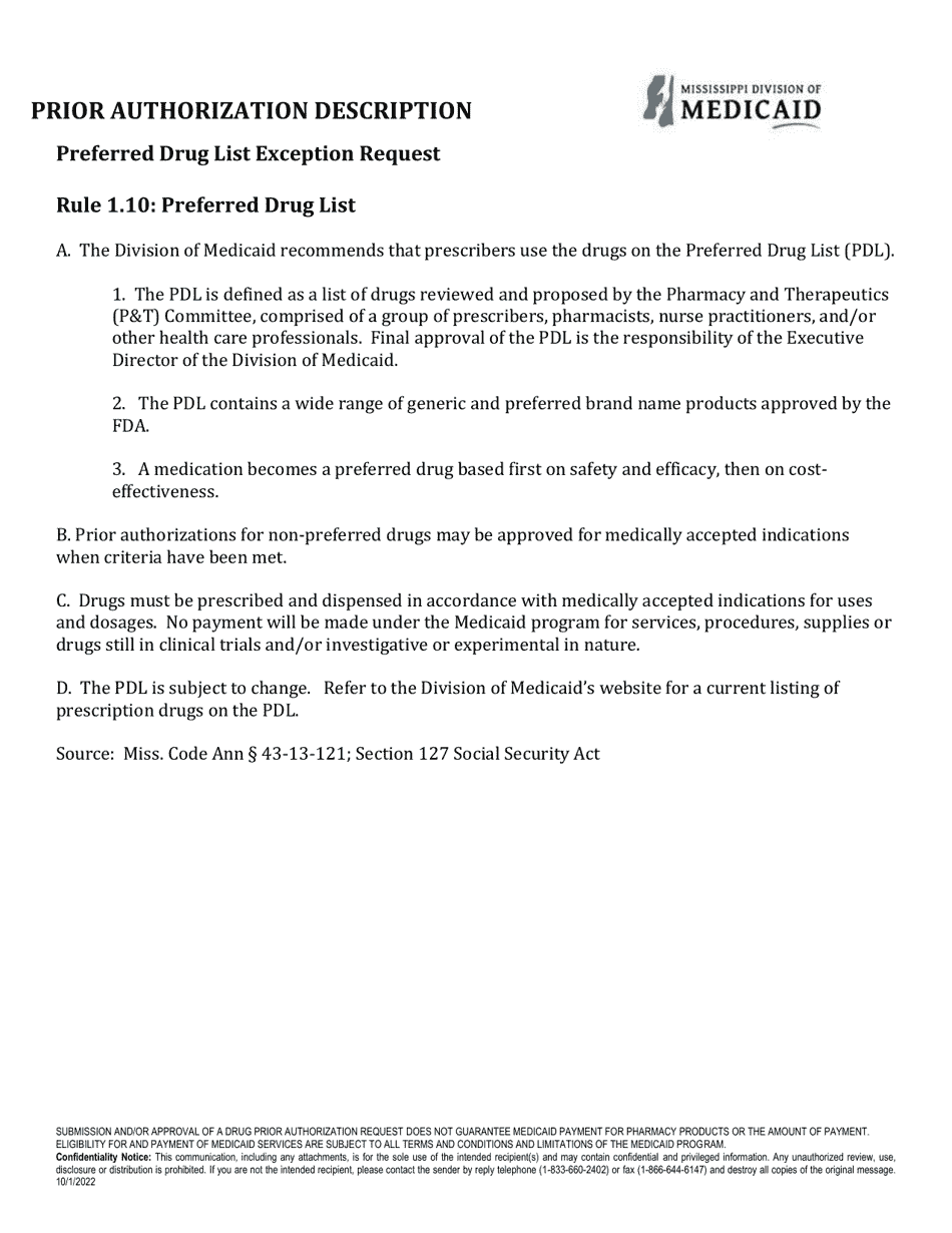 Mississippi Prior Authorization Packet Preferred Drug List Exception Request Fill Out, Sign