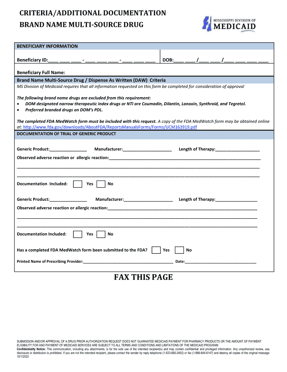 Prior Authorization Packet - Brand Name Multi-Source - Mississippi, Page 3