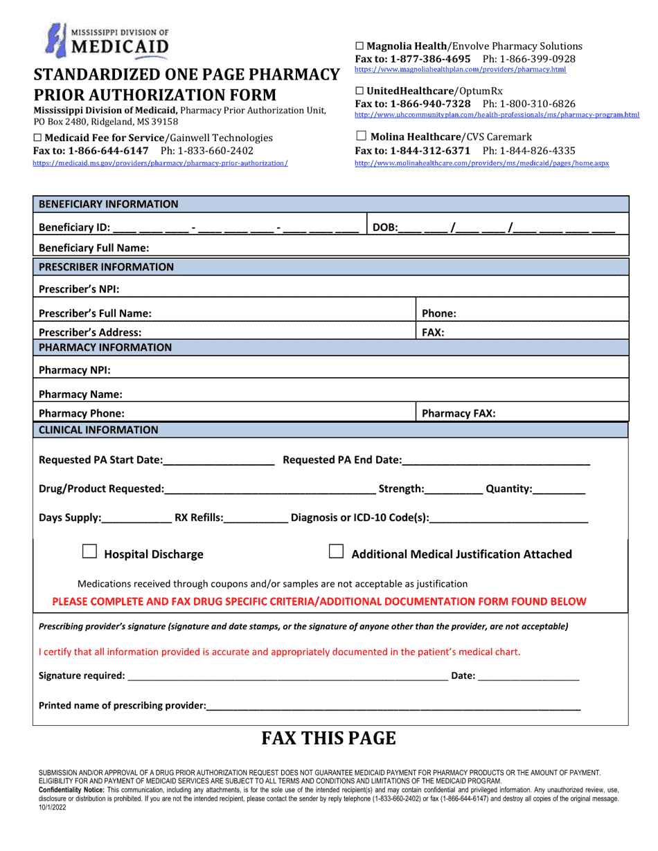 Universal Prior Authorization Form - Mississippi, Page 1