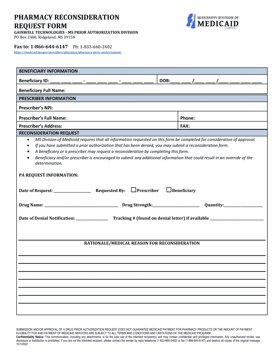 Pharmacy Reconsideration Request Form - Mississippi, Page 1