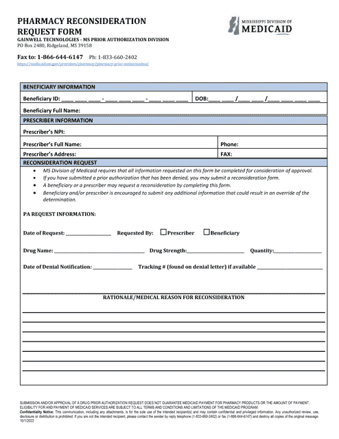 Pharmacy Reconsideration Request Form - Mississippi Download Pdf